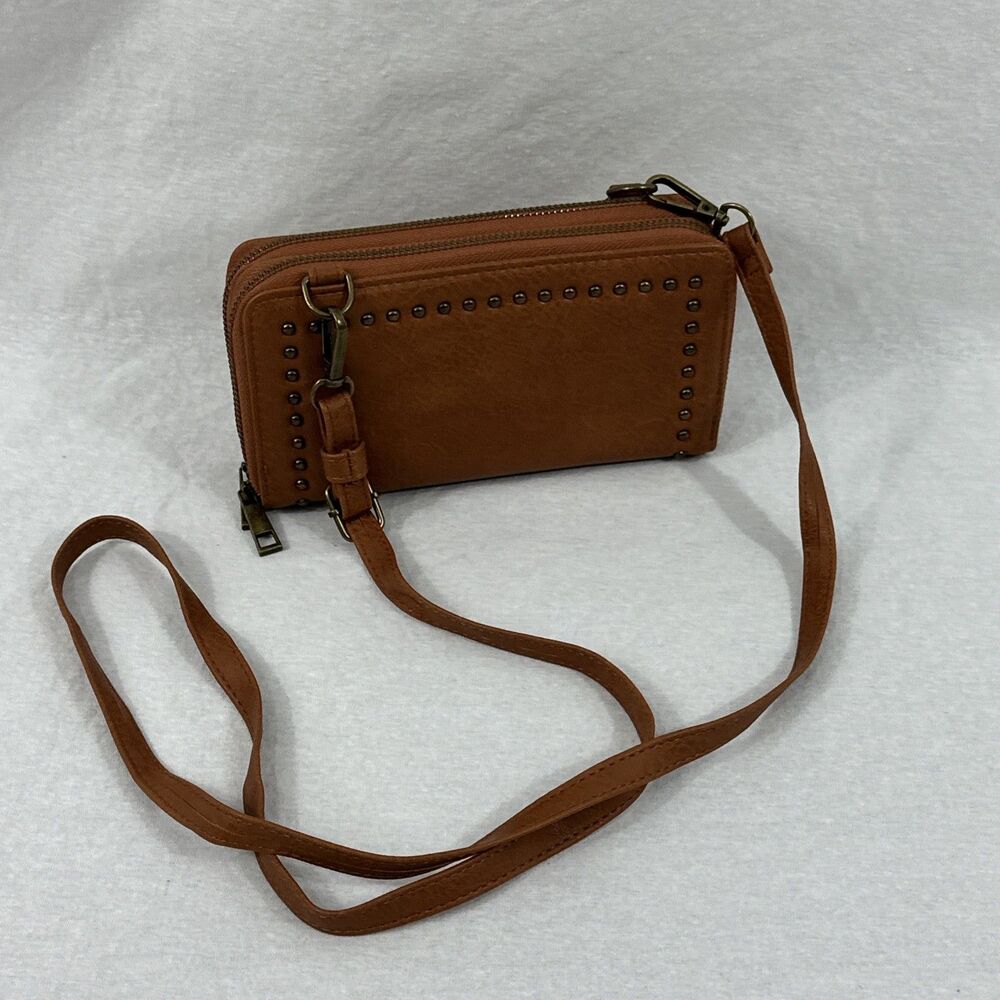 Unbranded Cognac Studded Faux Leather Double Zip Wallet Crossbody Purse Womens
